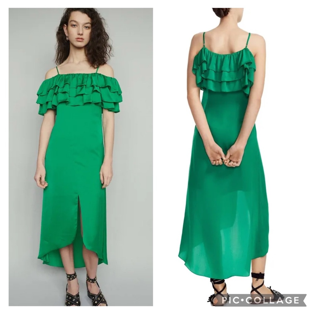MAJE satin Elegant Green Off-Shoulder ruffle neck Dress small